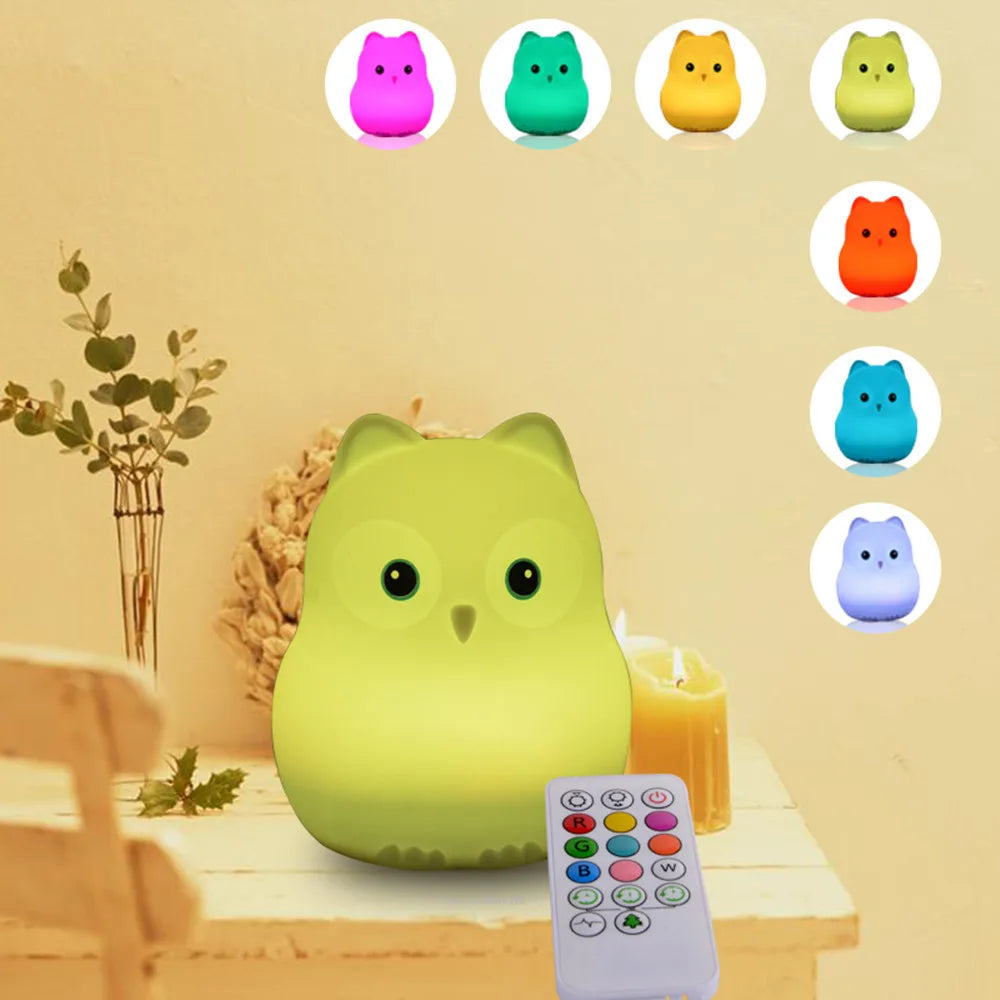 Owl LED Night Light – Touch Sensor, Remote Control, 9 Colors, Rechargeable