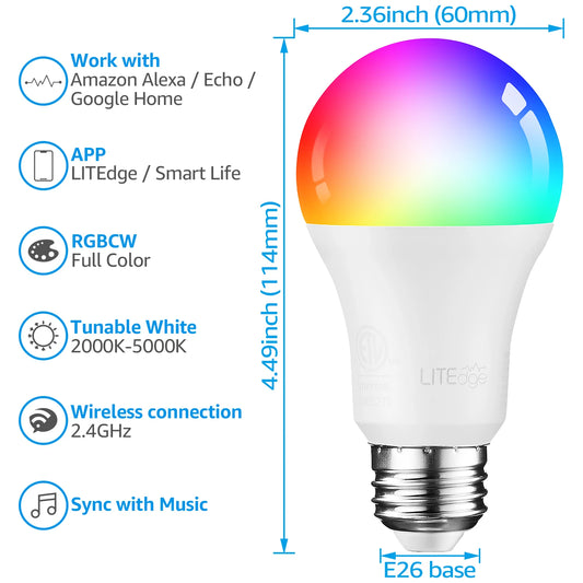 4-Pack Smart WiFi LED A19 Bulbs – RGBCW Color Changing, Alexa & Google Home Compatible