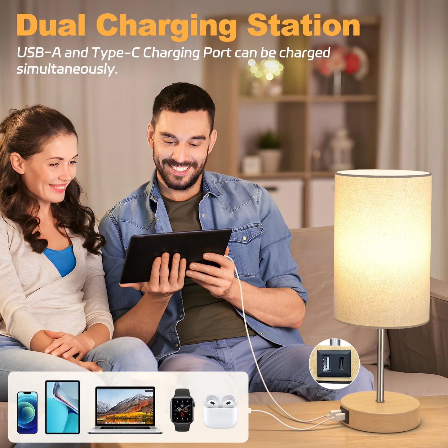 2 Pack 14 Inch Small Table Lamp for Bedroom, 3 Way Dimmable, Touch Control, Dual Charging Ports, 3000K Soft Warm (2 LED Bulb)