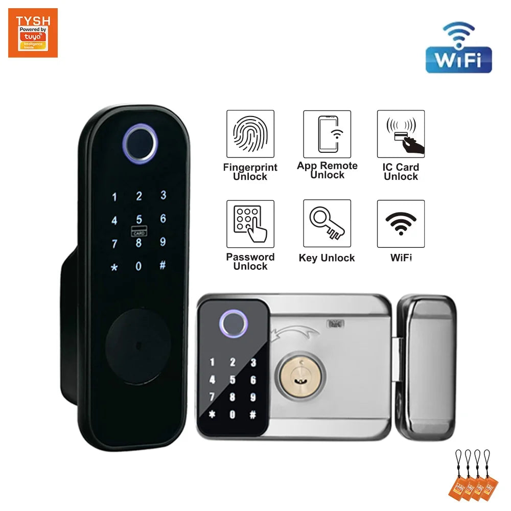 TYSH Tuya Remote Smart Door Lock With Wifi Outdoor Waterproof Double Fingerprint Lock Digital Electronic Card Keyless Smart Lock