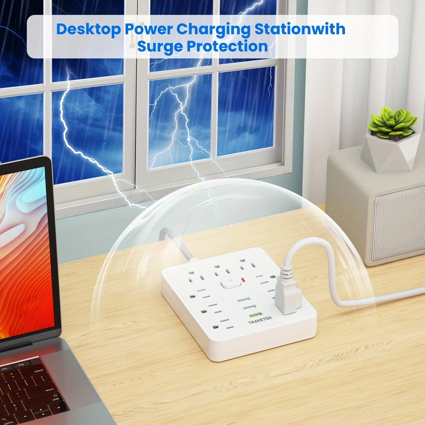 TRANSTON Power Strip with Surge Protector – 9 Outlets + 3 USB Ports, 5ft Extension Cord