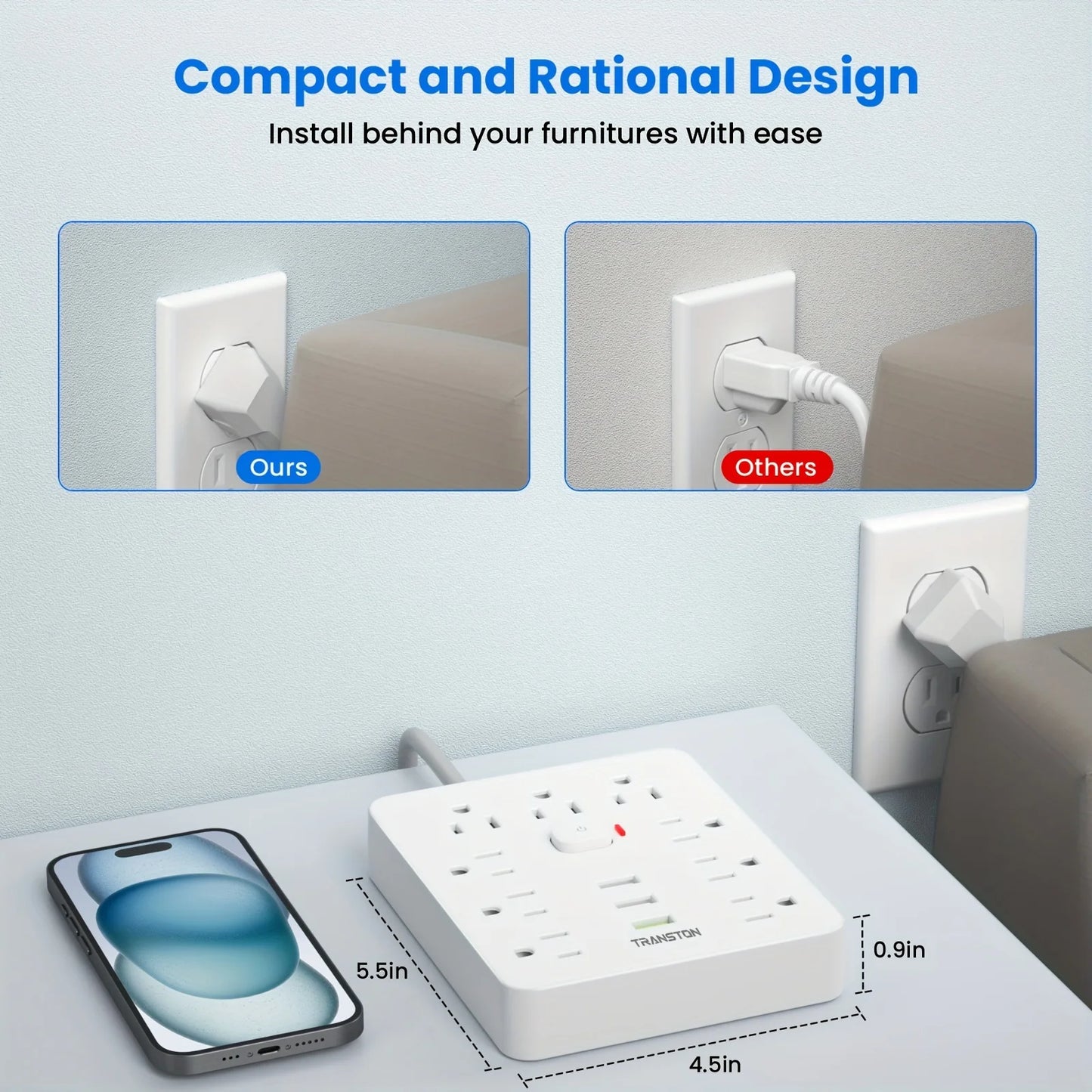TRANSTON Power Strip with Surge Protector – 9 Outlets + 3 USB Ports, 5ft Extension Cord