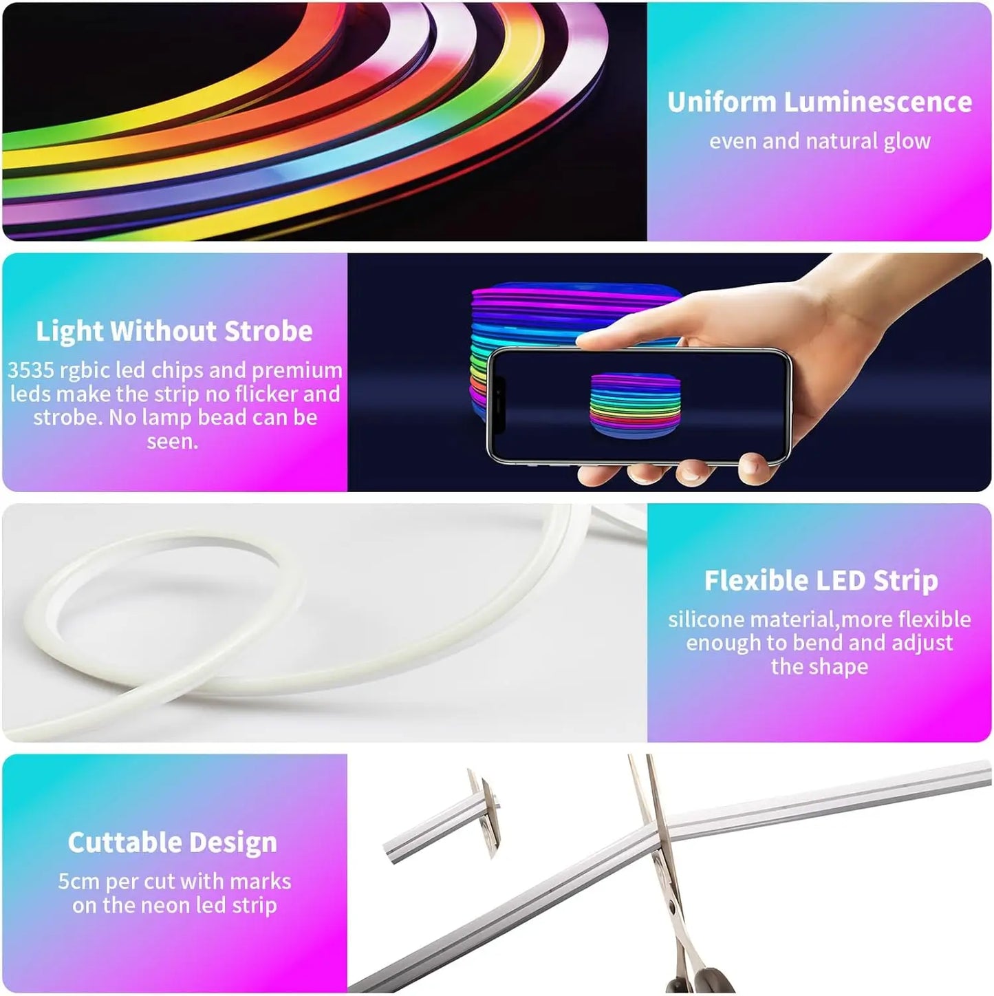 RGB Neon LED Strip – 8/16M Waterproof, USB-Powered, App & Remote Control