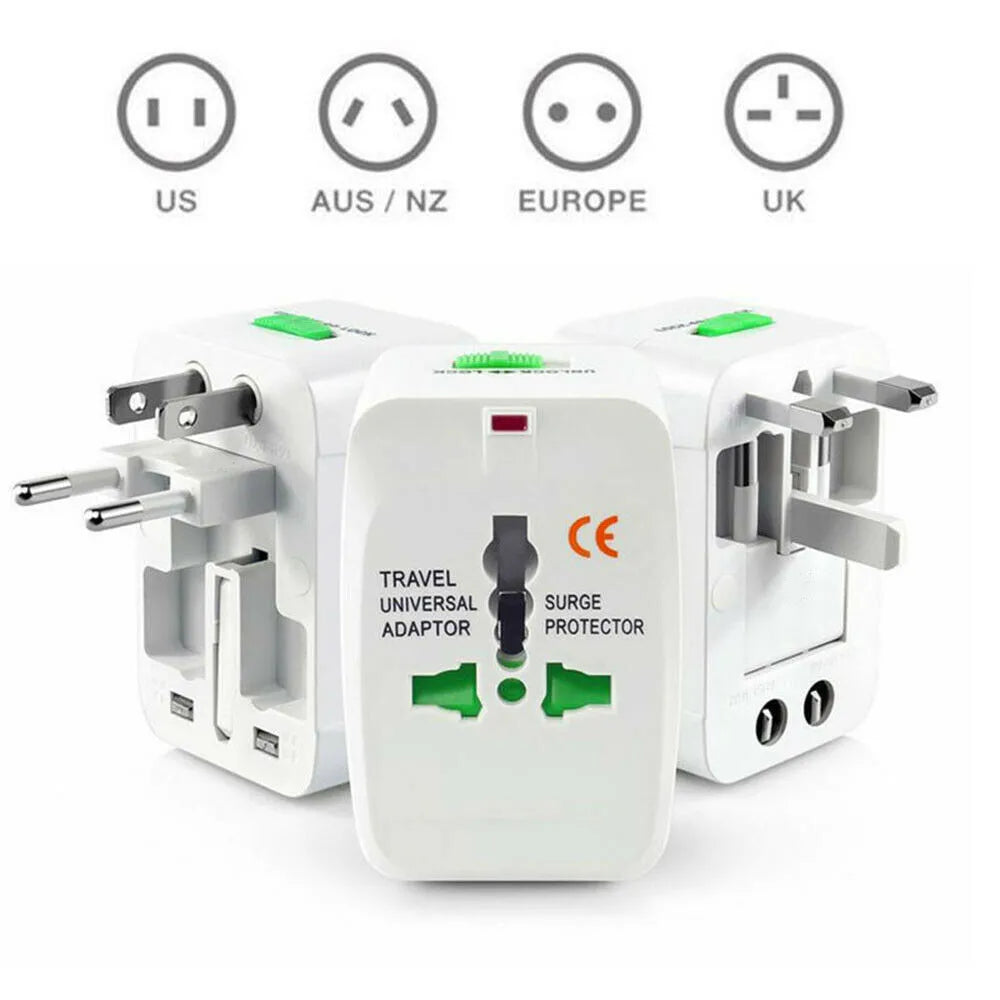 Universal Worldwide Travel Adapter – AU/UK/US/EU Plug Converter with 2 USB Charging Ports