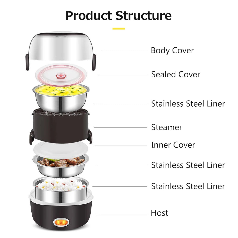 Electric Lunch Box – Stainless Steel 3-Layer Heating & Insulation