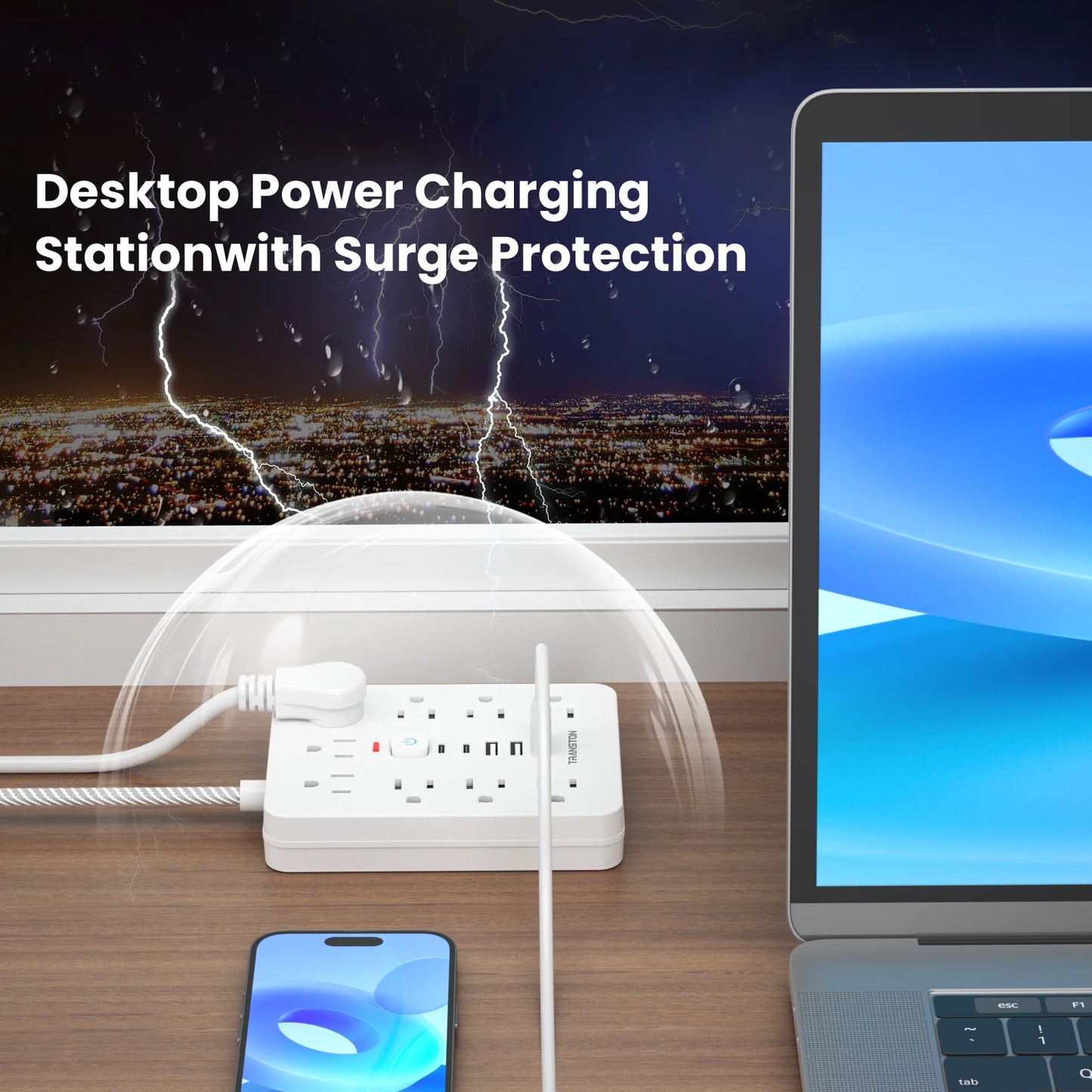 TRANSTON Power Strip with Surge Protector – 9 AC Outlets, 3 USB, 2 USB-C, 5ft Cable, 45° Tilt Plug (White)