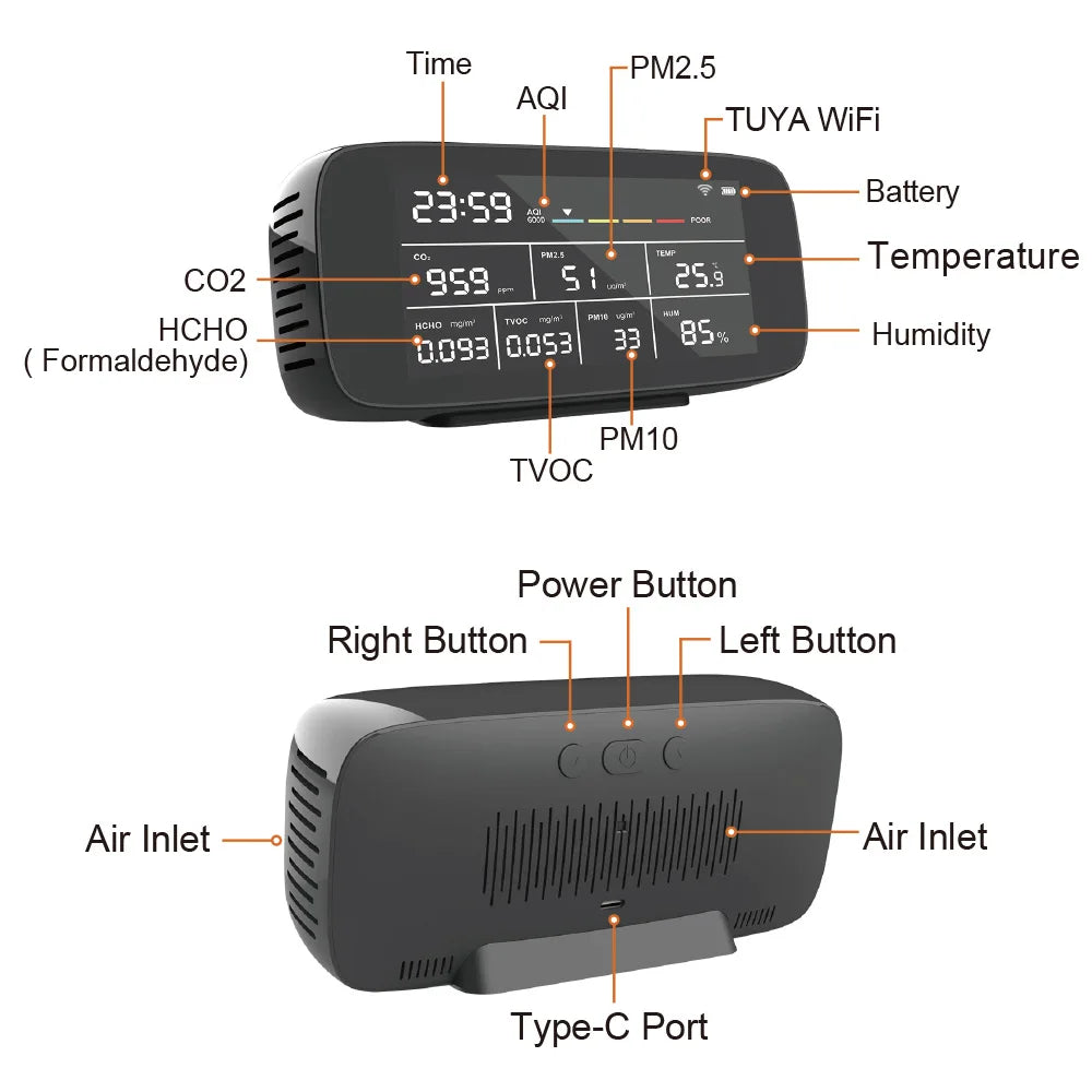 9-in-1 Multi-Gas Air Quality Detector with LCD Display – Tuya WiFi Smart Sensor