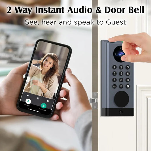 WiFi Door Lock with Camera, Deadbolt Smart Lock with Video Doorbell, Keyless Entry Door Lock with Fingerprint Keypad Code, Elect