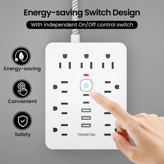 TRANSTON Power Strip with Surge Protector – 9 AC Outlets, 3 USB, 2 USB-C, 5ft Cable, 45° Tilt Plug (White)