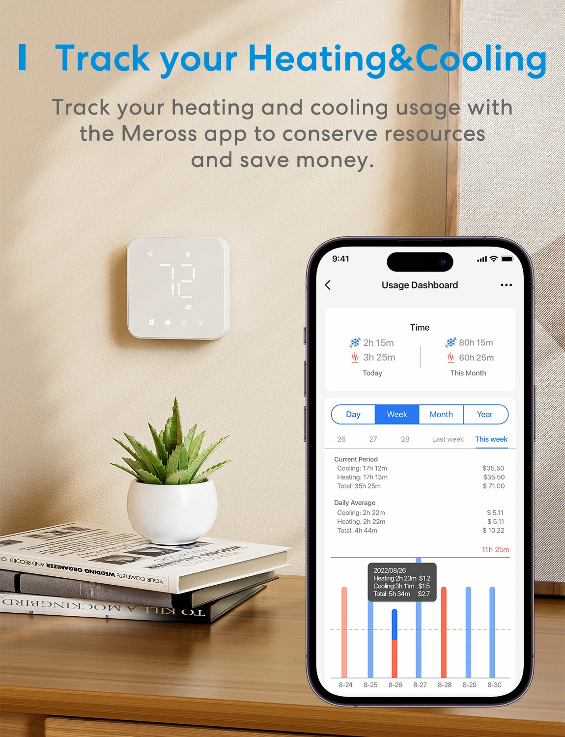 Meross Matter Smart US 24V Wi-Fi Thermostat – Compatible with 95% Heating & Cooling Systems