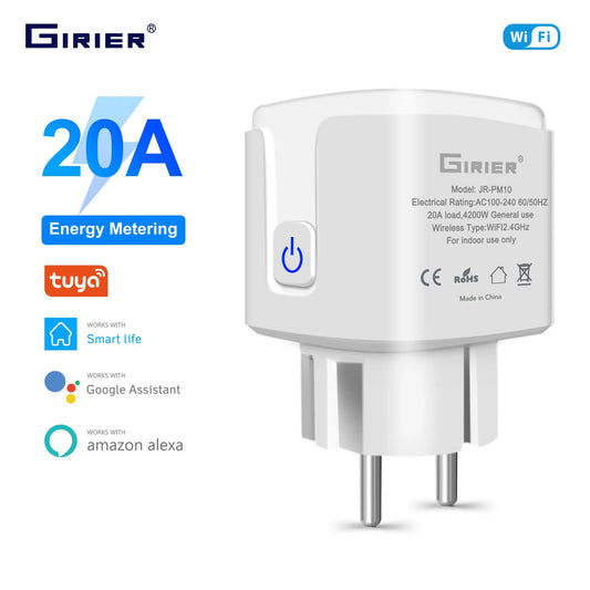 GIRIER Tuya WiFi Smart Plug 20A – EU Smart Socket with Power Monitor & Timer, 4200W, Works with Alexa & Google Home