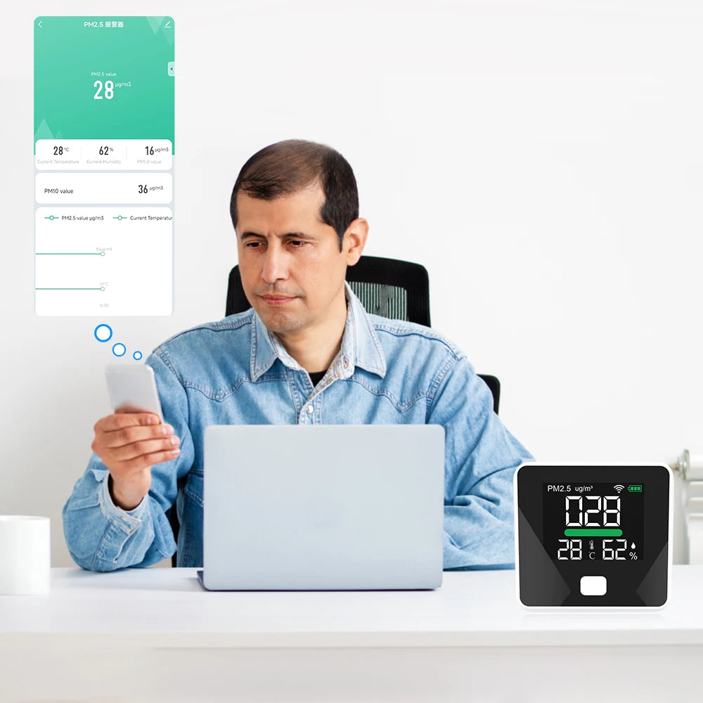 PM2.5 High-Precision Air Quality Monitor with Temperature & Humidity Sensor – Tuya WiFi Smart Detector