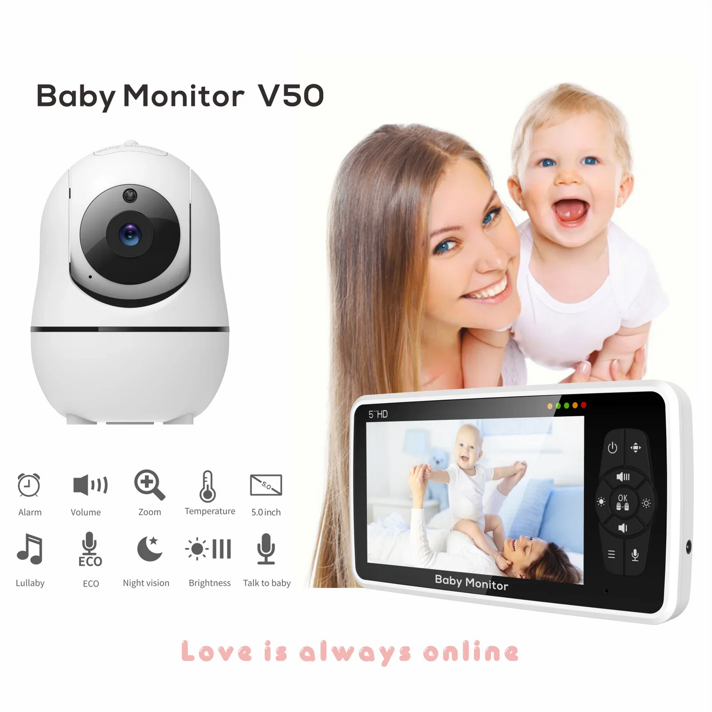 5-Inch Video Baby Monitor with Camera & Audio – Long Battery, Clear Video & Smart Alerts