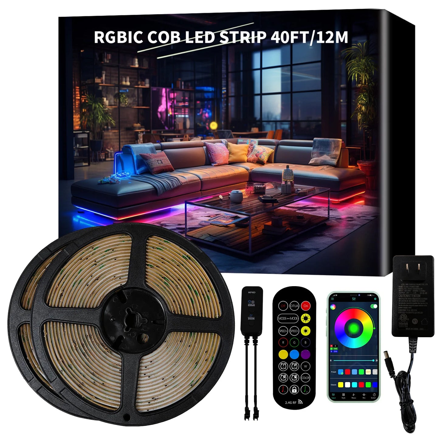 COB RGBIC LED Strip Lights – 6M/12M, 24V, Music Sync, RF Remote & Bluetooth App Control