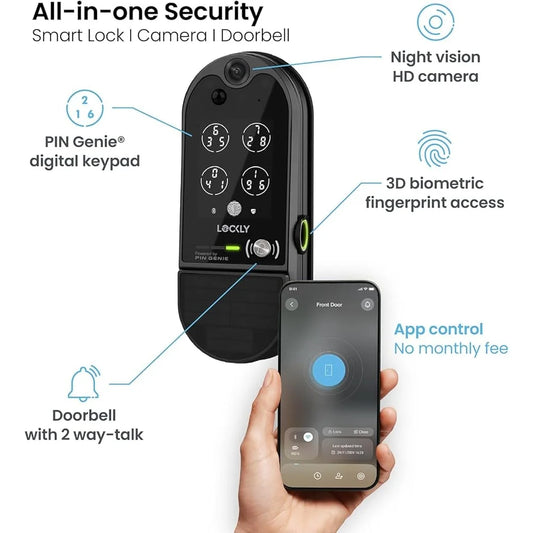 Smart Wi-Fi Video Door Lock with Camera Fingerprint Sensor PIN Genie Keypad Two-Way Audio Solar Charging Motion Detection