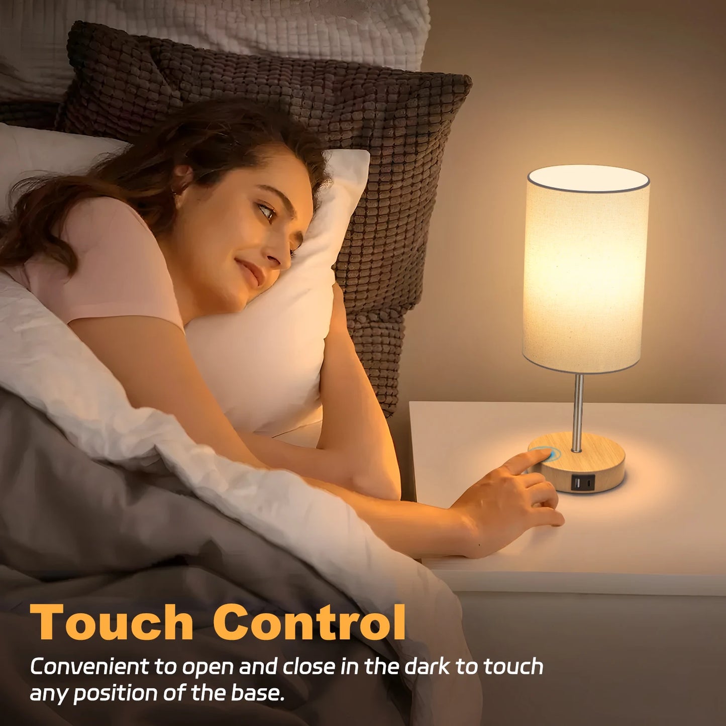 2 Pack 14 Inch Small Table Lamp for Bedroom, 3 Way Dimmable, Touch Control, Dual Charging Ports, 3000K Soft Warm (2 LED Bulb)