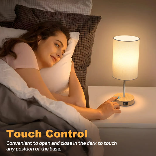 2 Pack 14 Inch Small Table Lamp for Bedroom, 3 Way Dimmable, Touch Control, Dual Charging Ports, 3000K Soft Warm (2 LED Bulb)