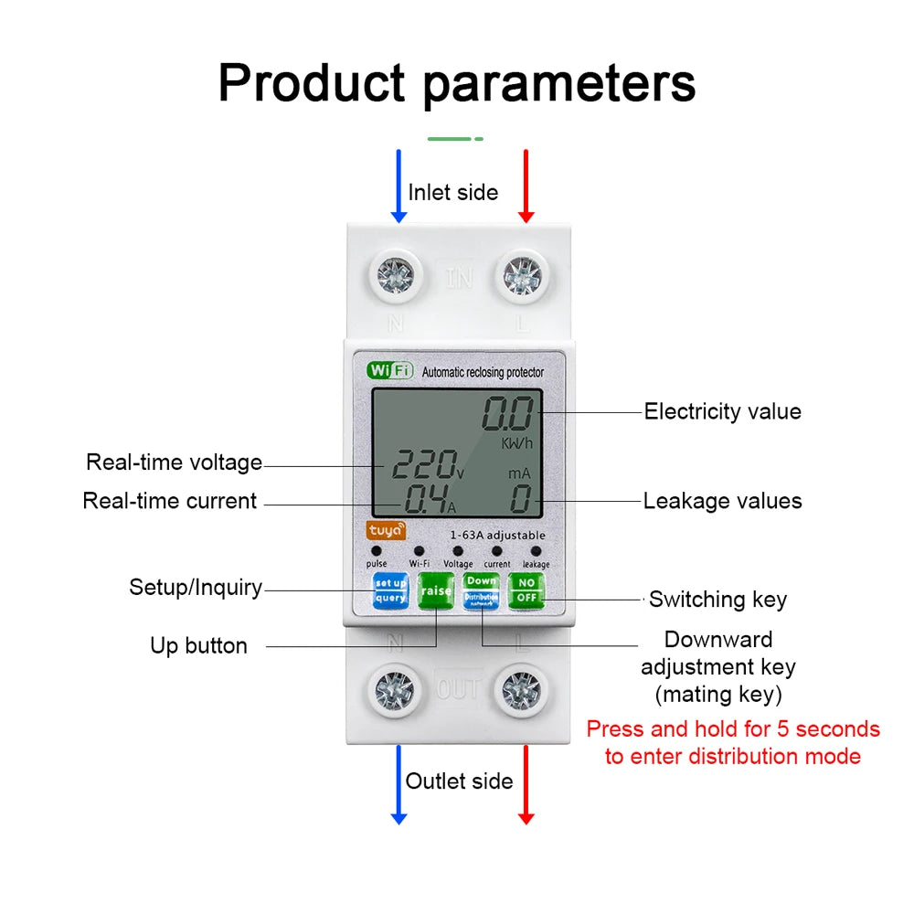 Tuya WiFi Power Meter (1–63A) – Smart DIN-Rail Energy Monitor with Automatic Reclosing Protector