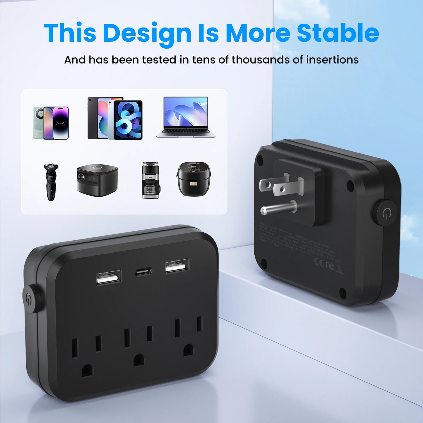 TRANSTON Mini Portable Power Strip with Surge Protector – 6-in-1 Multifunctional (3 AC Outlets + 2 USB Ports + 1 USB-C)