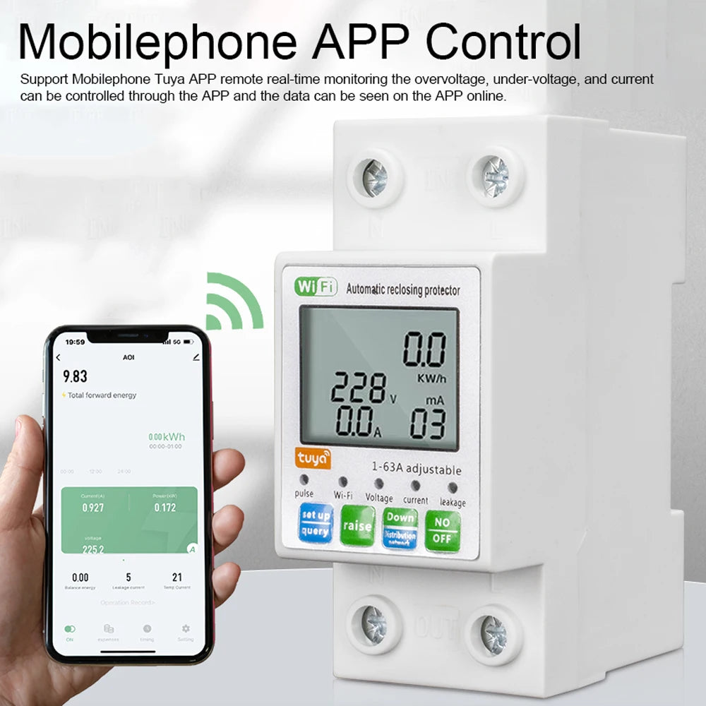 Tuya WiFi Power Meter (1–63A) – Smart DIN-Rail Energy Monitor with Automatic Reclosing Protector