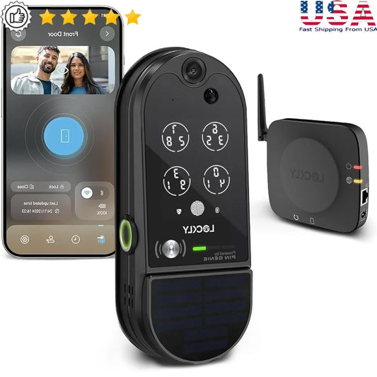 Smart Wi-Fi Video Door Lock with Camera Fingerprint Sensor PIN Genie Keypad Two-Way Audio Solar Charging Motion Detection
