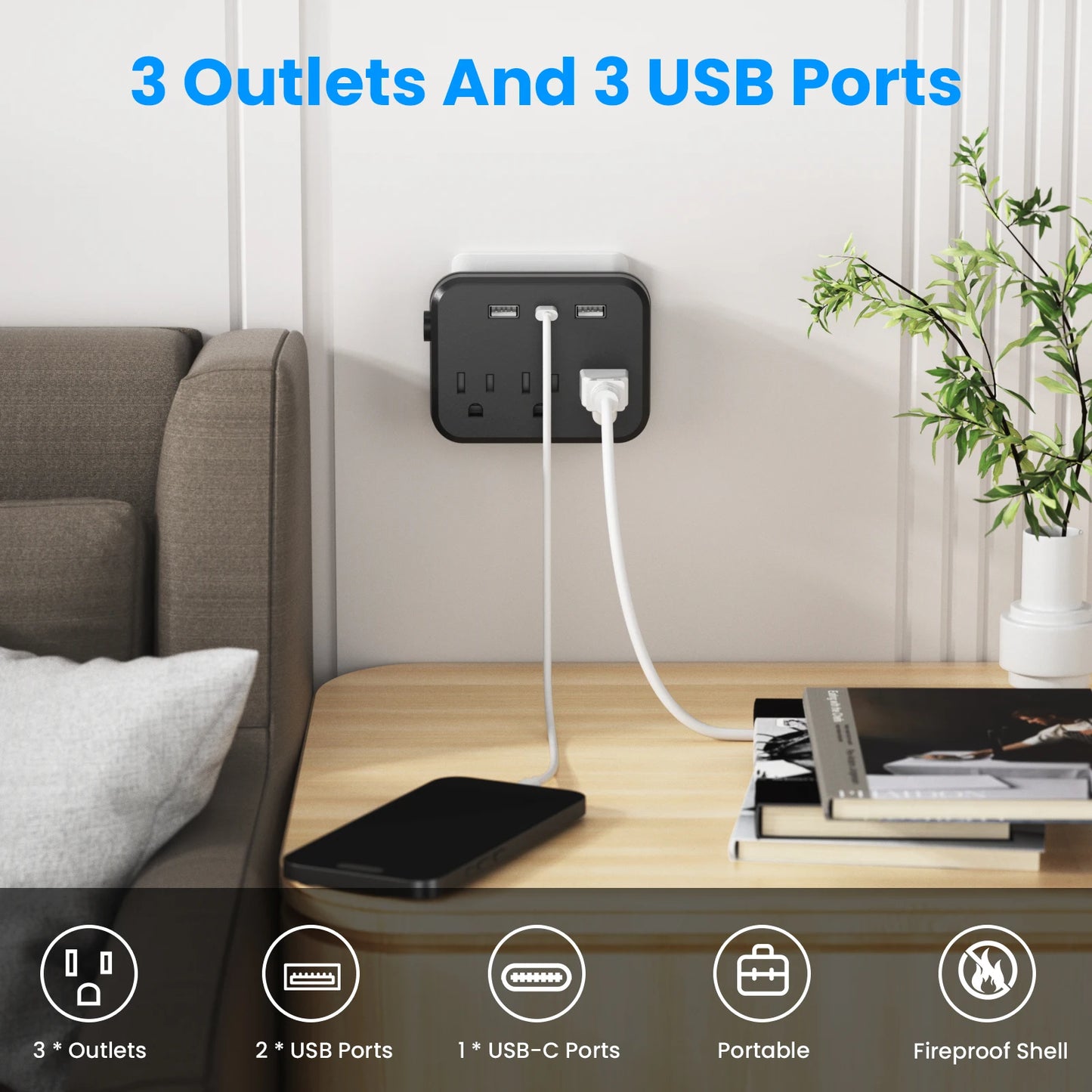 TRANSTON Mini Portable Power Strip with Surge Protector – 6-in-1 Multifunctional (3 AC Outlets + 2 USB Ports + 1 USB-C)