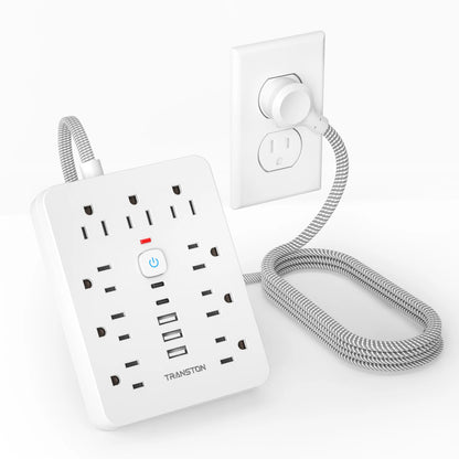 TRANSTON Power Strip with Surge Protector – 9 AC Outlets, 3 USB, 2 USB-C, 5ft Cable, 45° Tilt Plug (White)