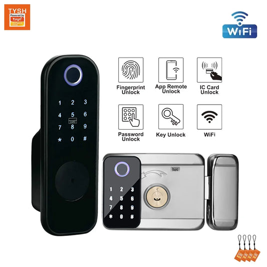 TYSH Tuya Remote Smart Door Lock With Wifi Outdoor Waterproof Double Fingerprint Lock Digital Electronic Card Keyless Smart Lock