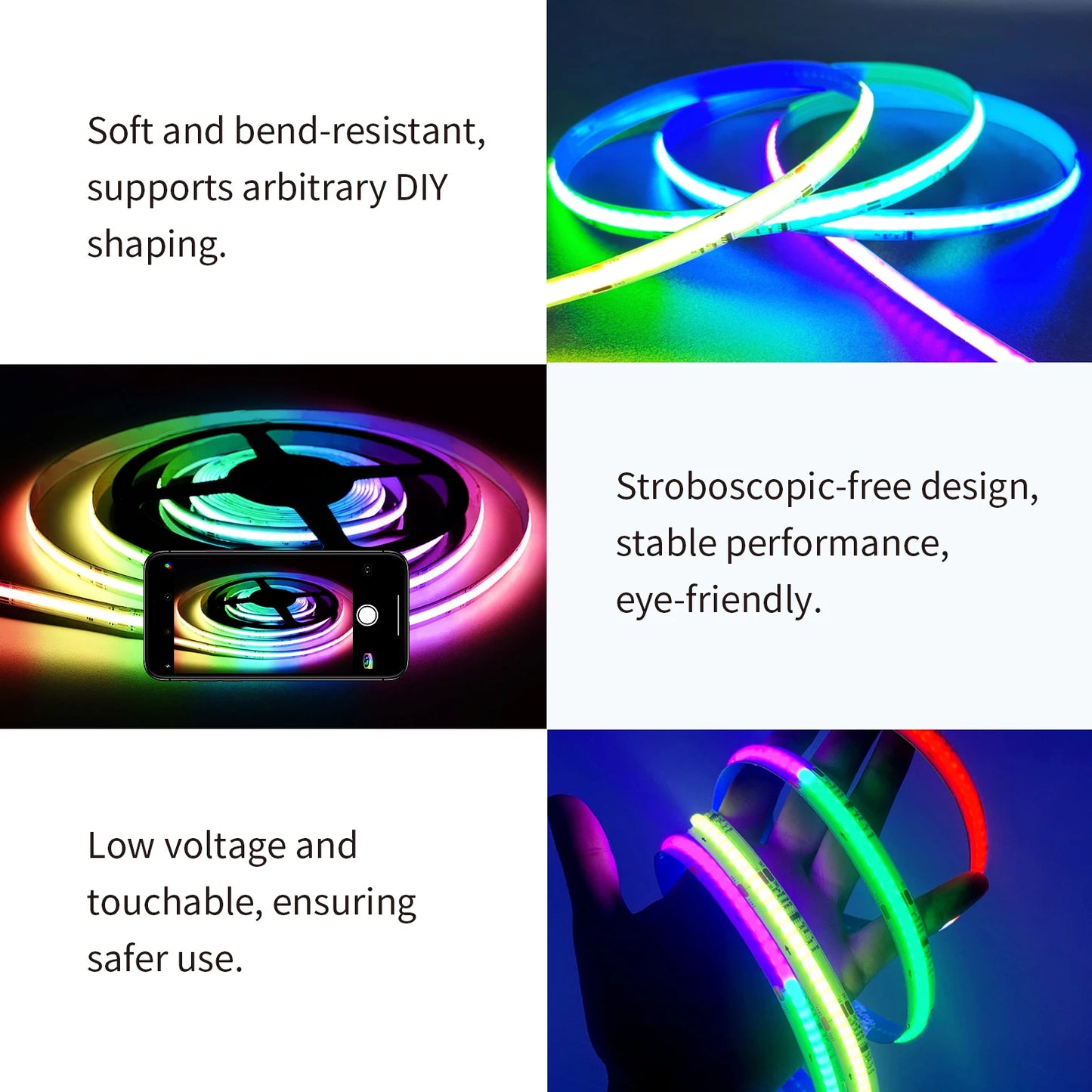 COB RGBIC LED Strip Lights – 6M/12M, 24V, Music Sync, RF Remote & Bluetooth App Control