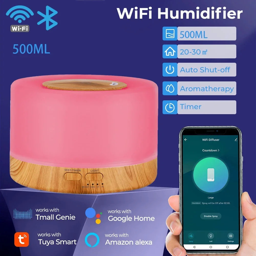 Tuya WiFi Smart Humidifier & Essential Oil Diffuser – Ultrasonic Aromatherapy with Google Home & Alexa