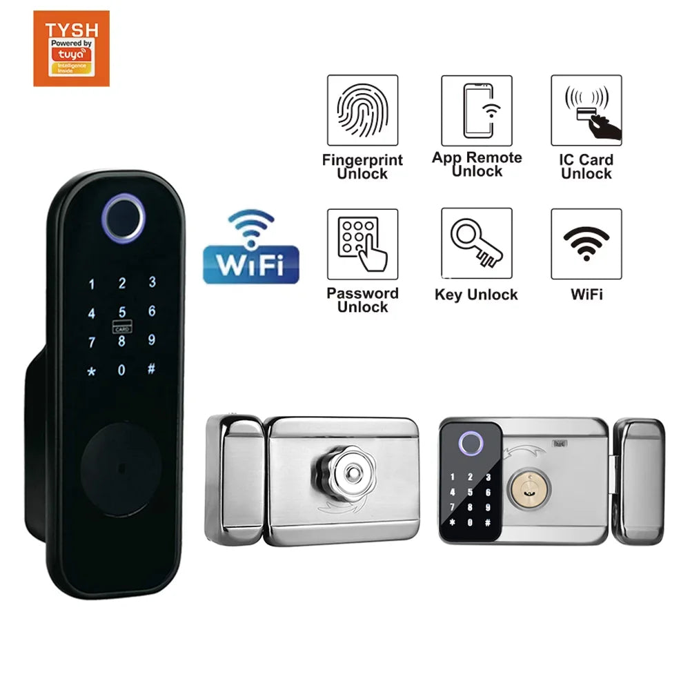 TYSH Tuya Remote Smart Door Lock With Wifi Outdoor Waterproof Double Fingerprint Lock Digital Electronic Card Keyless Smart Lock