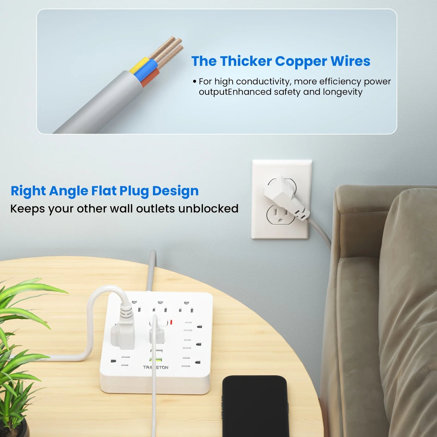 TRANSTON Power Strip with Surge Protector – 9 Outlets + 3 USB Ports, 5ft Extension Cord