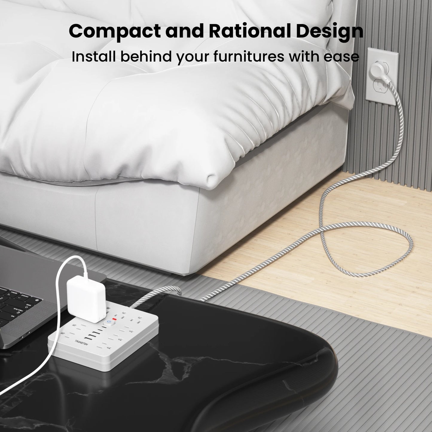 TRANSTON Power Strip with Surge Protector – 9 AC Outlets, 3 USB, 2 USB-C, 5ft Cable, 45° Tilt Plug (White)