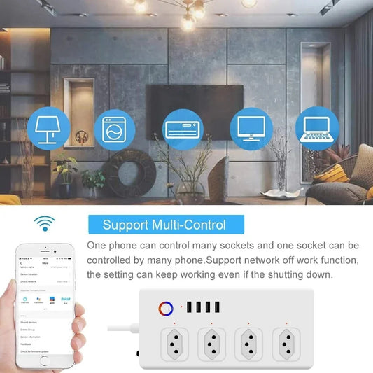 Melery WiFi Smart Power Strip – 4-Way AC Brazil Plug with USB Ports, 1.5m Extension Cord, Works with Alexa, Google Home & Tuya App