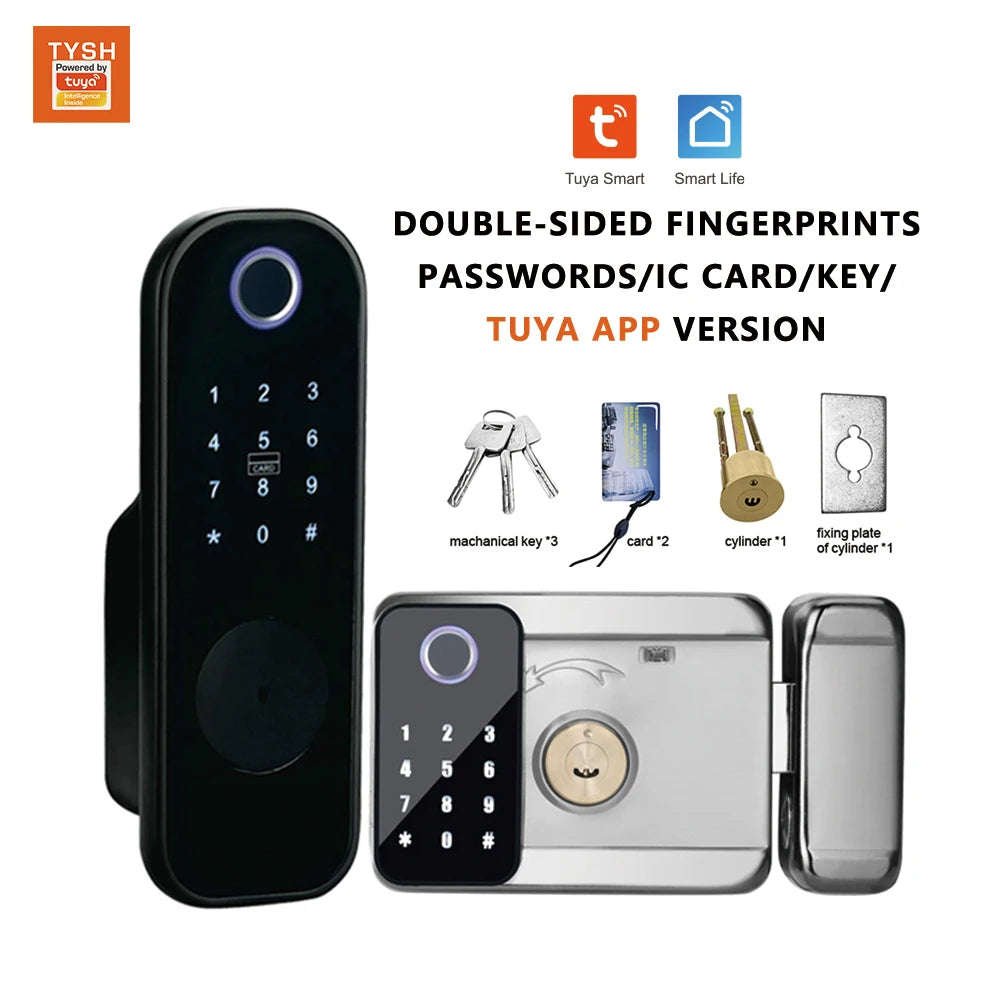 TYSH Tuya Remote Smart Door Lock With Wifi Outdoor Waterproof Double Fingerprint Lock Digital Electronic Card Keyless Smart Lock