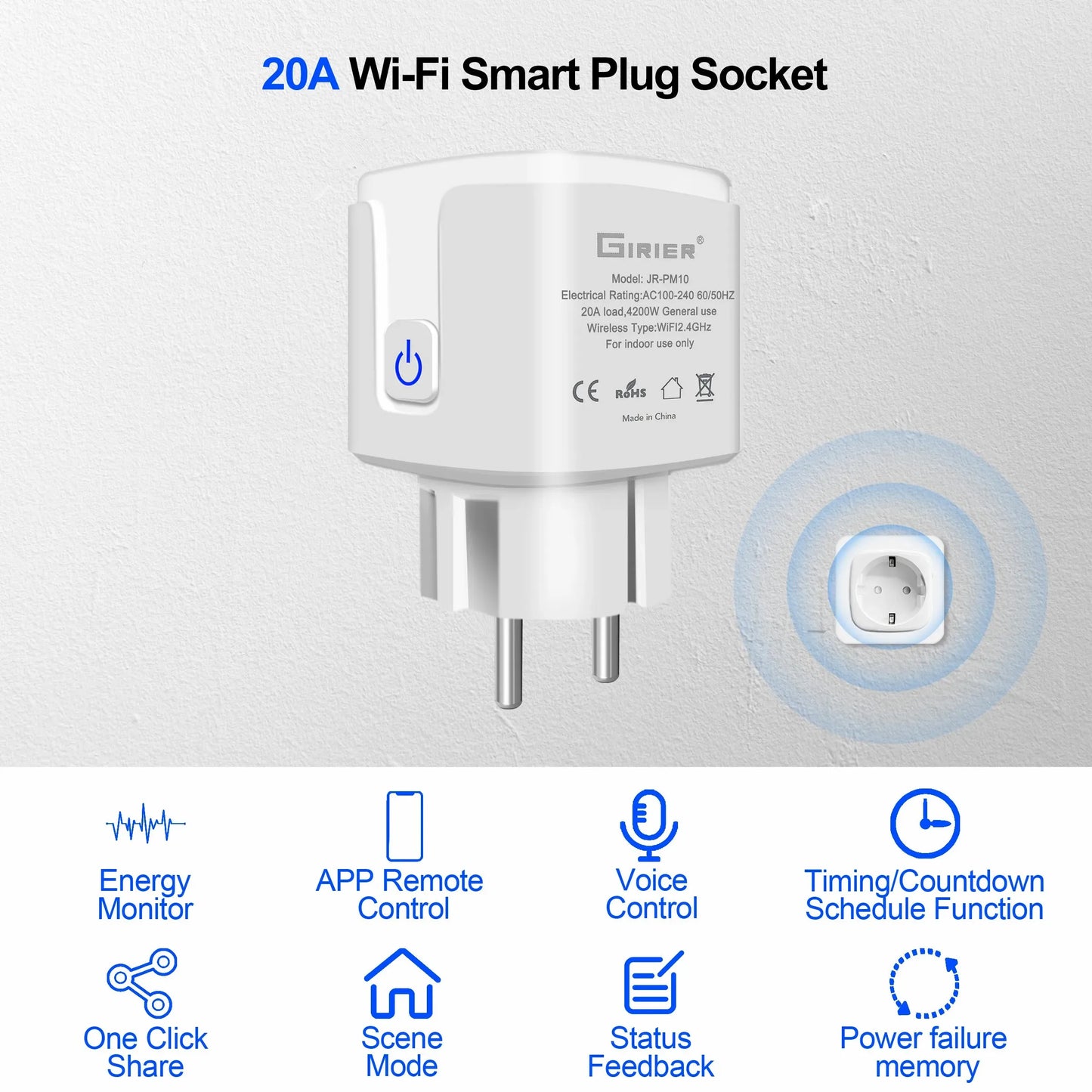 GIRIER Tuya WiFi Smart Plug 20A – EU Smart Socket with Power Monitor & Timer, 4200W, Works with Alexa & Google Home