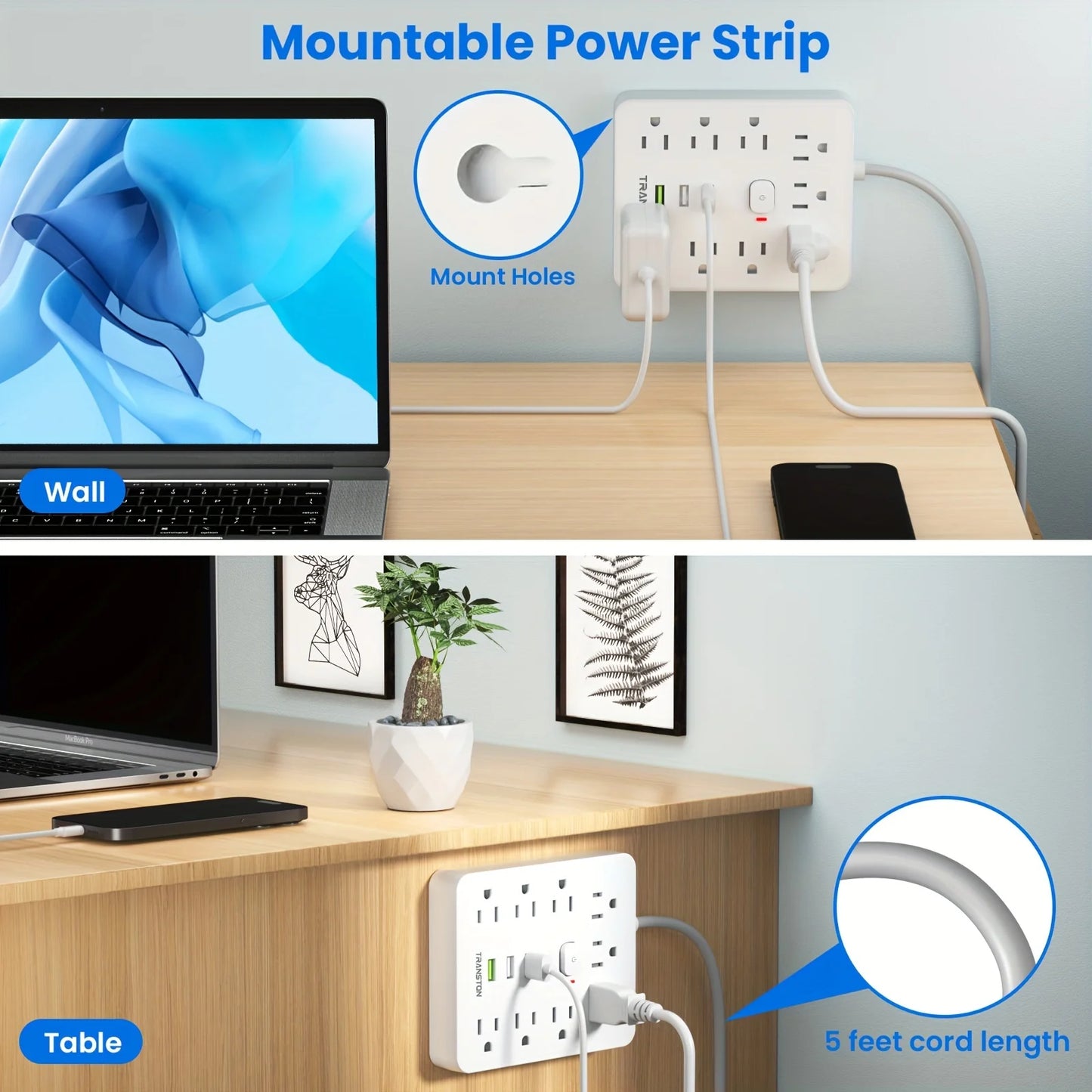 TRANSTON Power Strip with Surge Protector – 9 Outlets + 3 USB Ports, 5ft Extension Cord