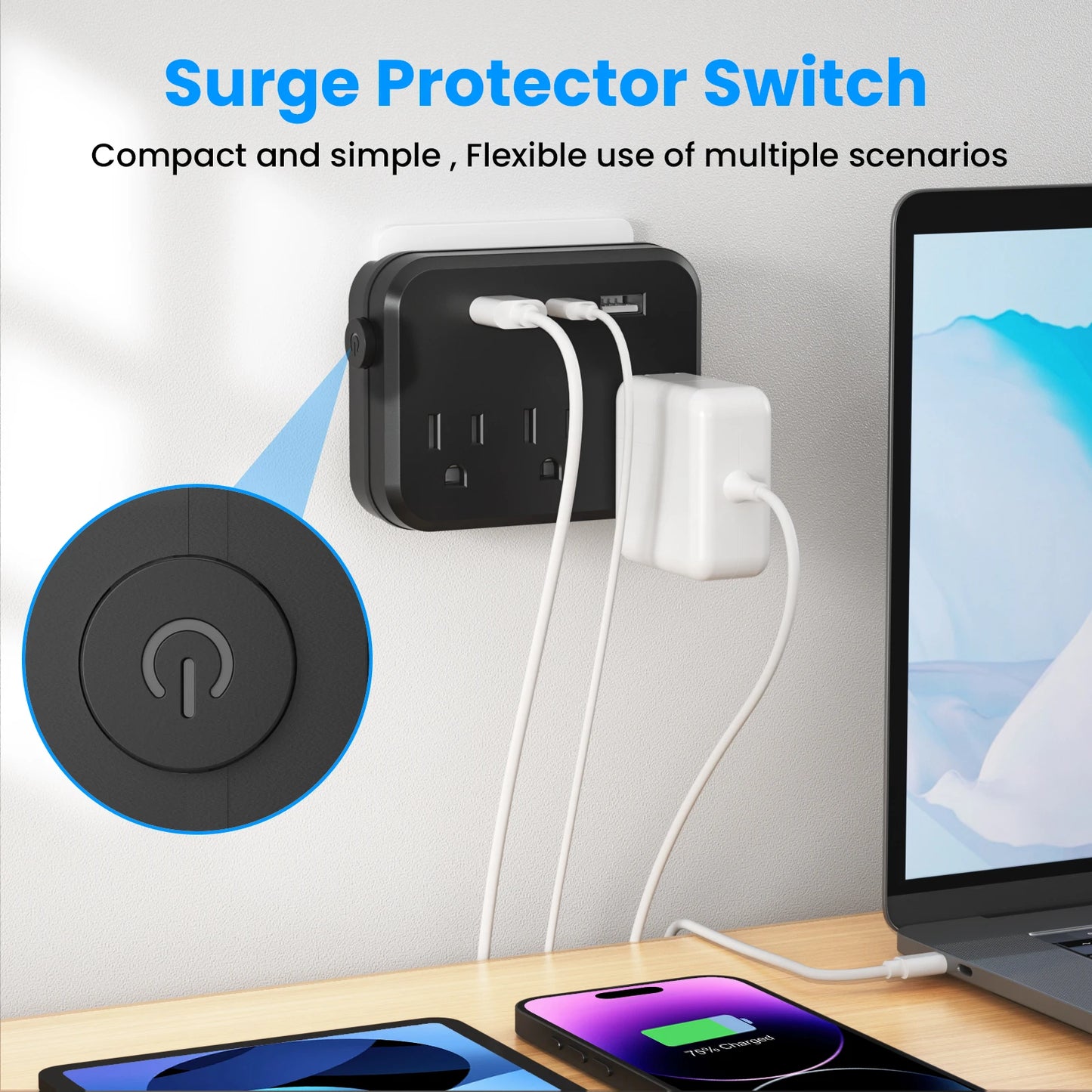 TRANSTON Mini Portable Power Strip with Surge Protector – 6-in-1 Multifunctional (3 AC Outlets + 2 USB Ports + 1 USB-C)