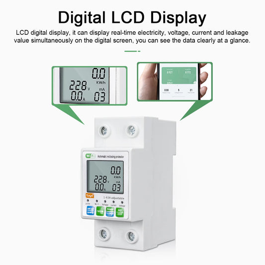 Tuya WiFi Power Meter (1–63A) – Smart DIN-Rail Energy Monitor with Automatic Reclosing Protector