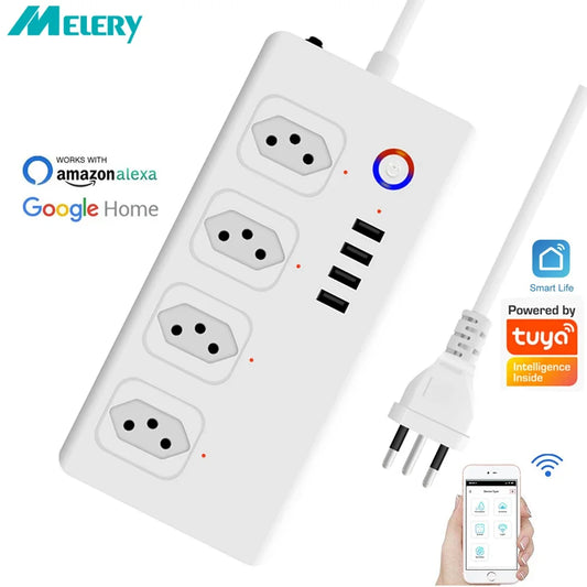 Melery WiFi Smart Power Strip – 4-Way AC Brazil Plug with USB Ports, 1.5m Extension Cord, Works with Alexa, Google Home & Tuya App