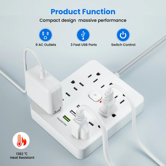 TRANSTON Power Strip with Surge Protector – 9 Outlets + 3 USB Ports, 5ft Extension Cord