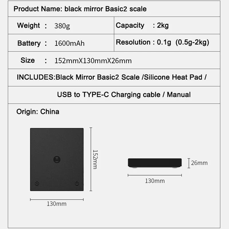TIMEMORE Black Mirror Basic 2 – Precision Pour-Over Coffee Scale with Flow Rate Display & Auto Timer