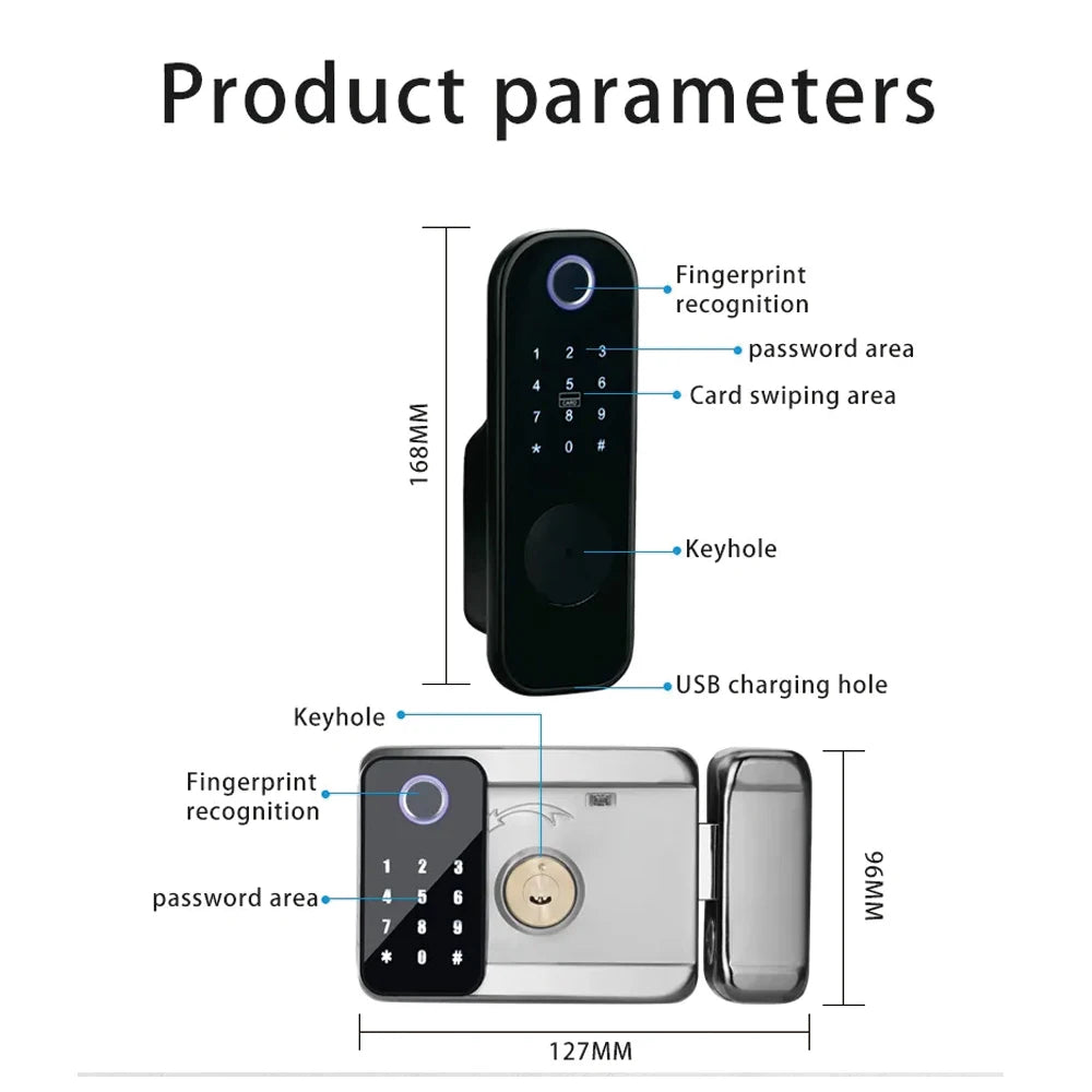 TYSH Tuya Remote Smart Door Lock With Wifi Outdoor Waterproof Double Fingerprint Lock Digital Electronic Card Keyless Smart Lock