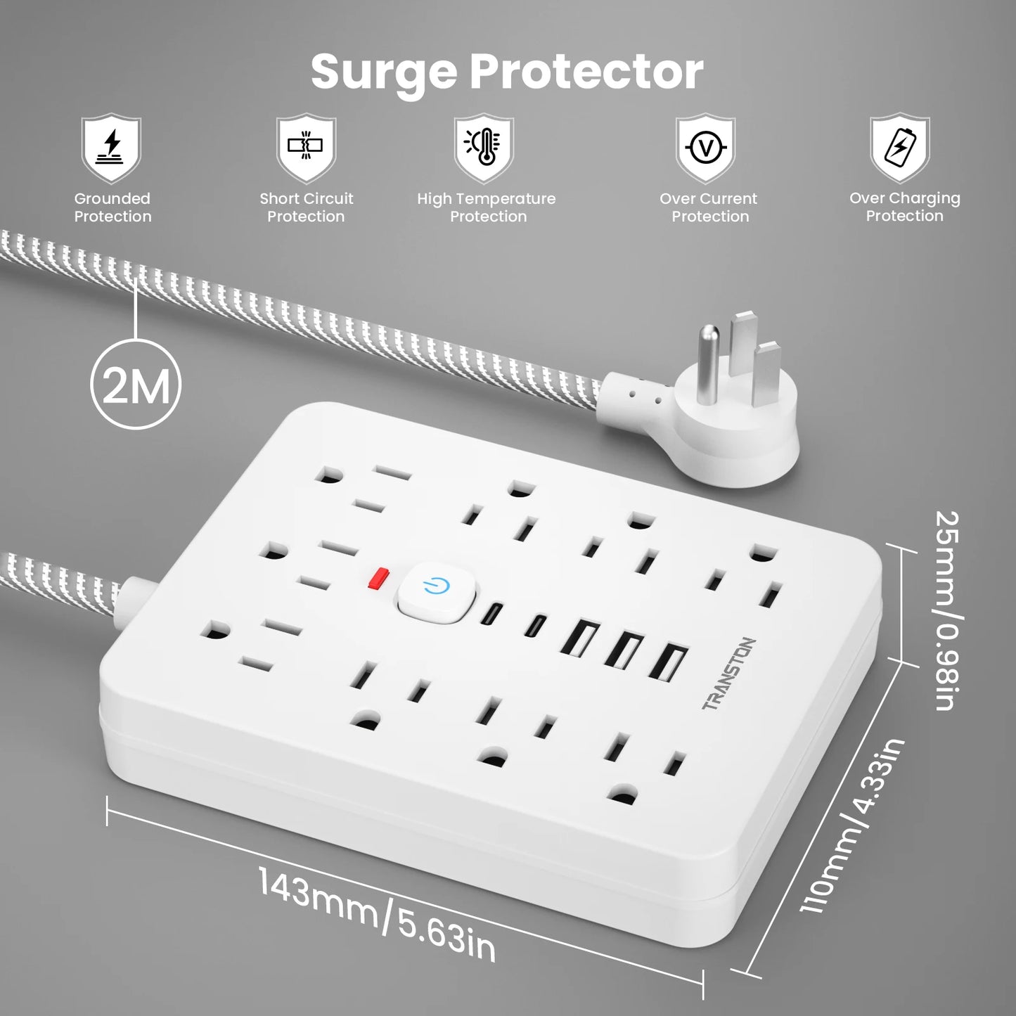 TRANSTON Power Strip with Surge Protector – 9 AC Outlets, 3 USB, 2 USB-C, 5ft Cable, 45° Tilt Plug (White)