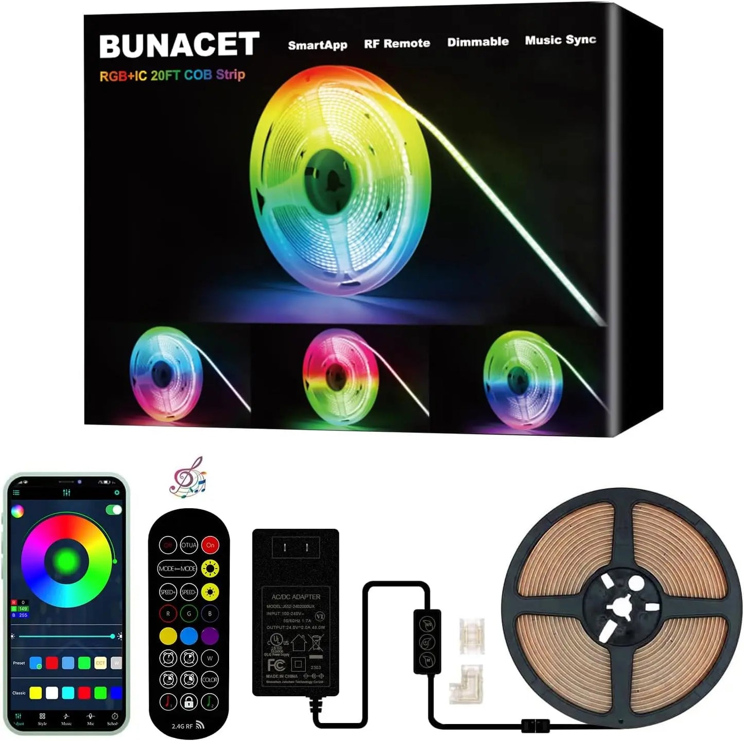 COB RGBIC LED Strip Lights – 6M/12M, 24V, Music Sync, RF Remote & Bluetooth App Control