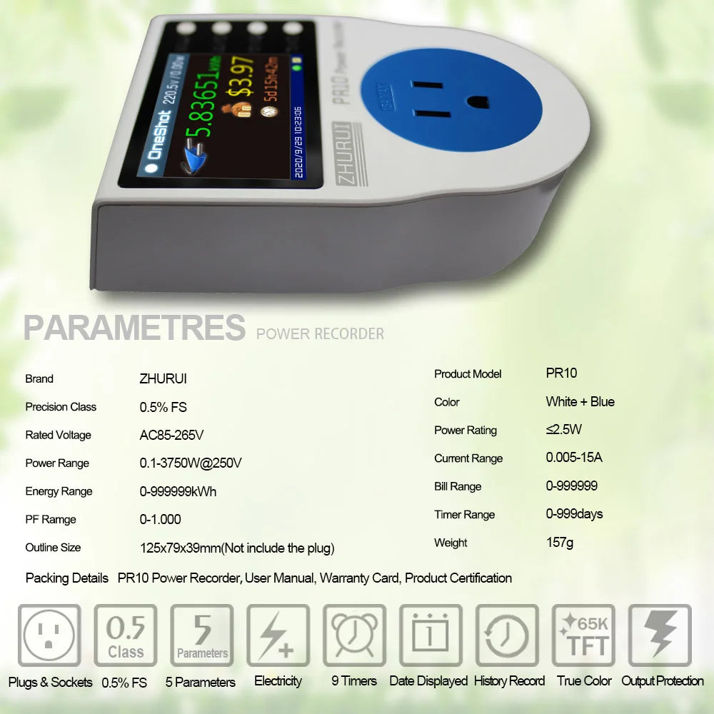 PR10-E US Plug 15A Power Watt Meter – Smart Energy Monitoring for Home Appliances