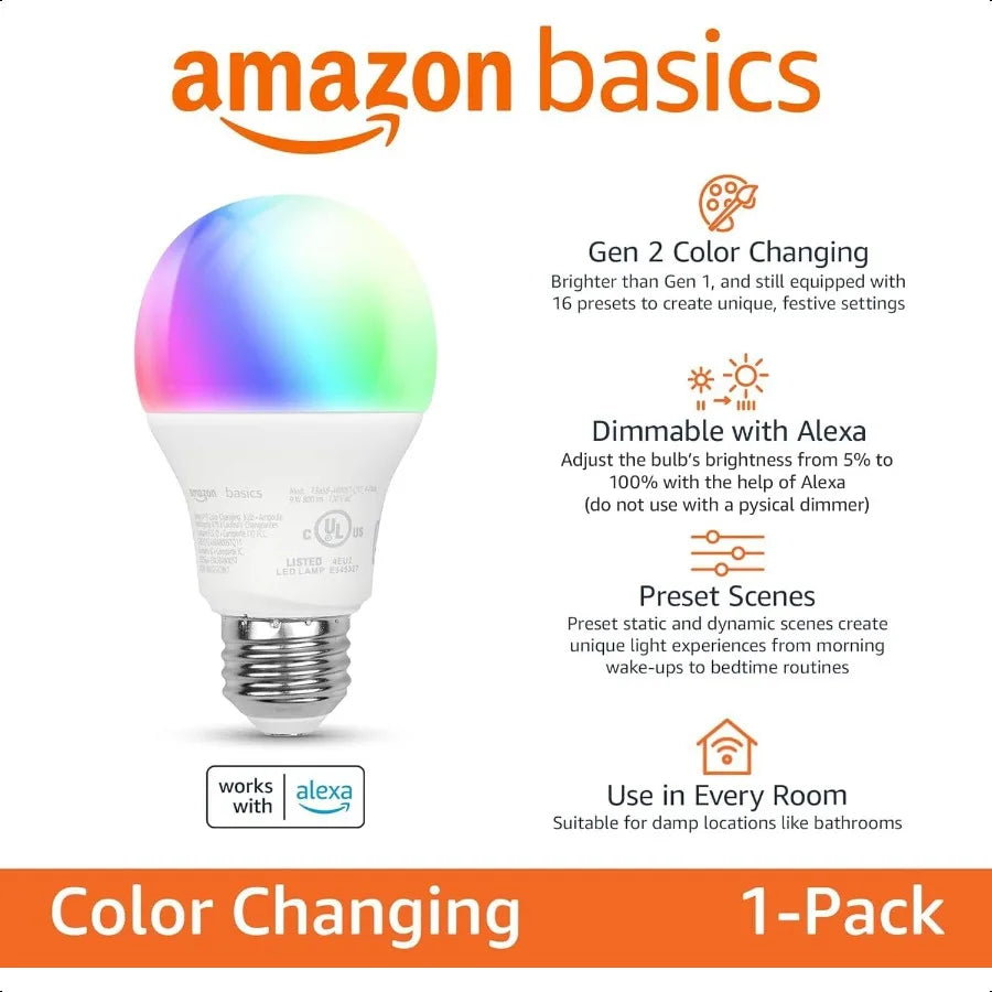 Smart A19 LED Light Bulb Color Changing 9W 60W Equivalent 800LM Works with Alexa Only 2.4 GHz WiFi No Hub Required 1 Pack